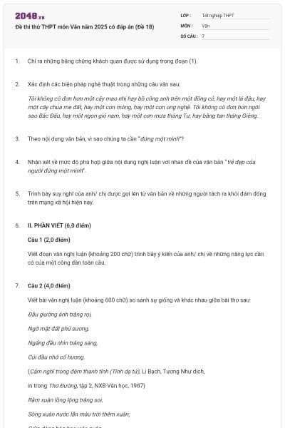 Đề thi thử THPT môn Văn năm 2025 có đáp án (Đề 18)