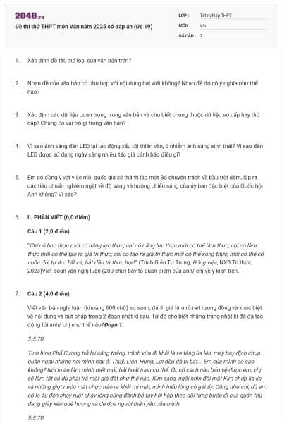 Đề thi thử THPT môn Văn năm 2025 có đáp án (Đề 19)