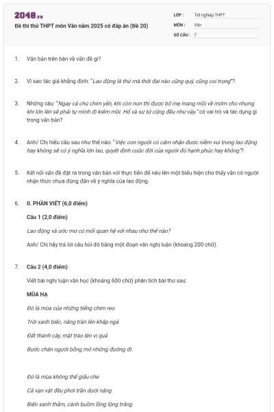 Đề thi thử THPT môn Văn năm 2025 có đáp án (Đề 20)