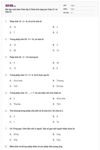 Bài tập cuối tuần Toán lớp 2 Chân trời sáng tạo Tuần 21 có đáp án