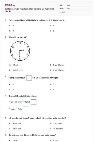 Bài tập cuối tuần Toán lớp 2 Chân trời sáng tạo Tuần 22 có đáp án
