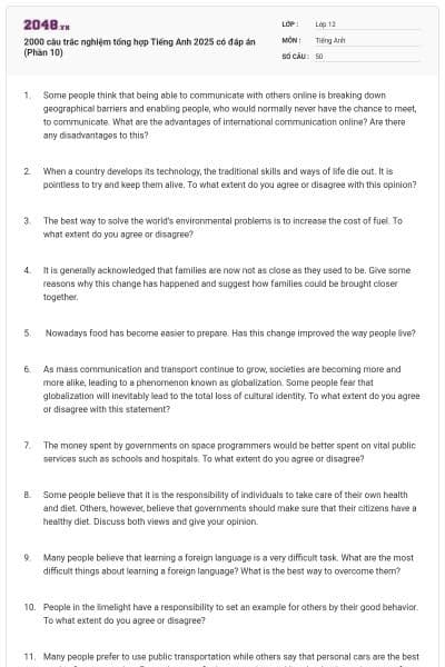 2000 câu trắc nghiệm tổng hợp Tiếng Anh 2025 có đáp án (Phần 10)