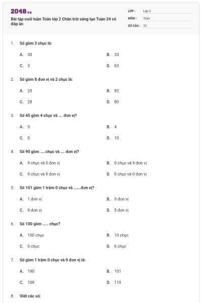 Bài tập cuối tuần Toán lớp 2 Chân trời sáng tạo Tuần 24 có đáp án