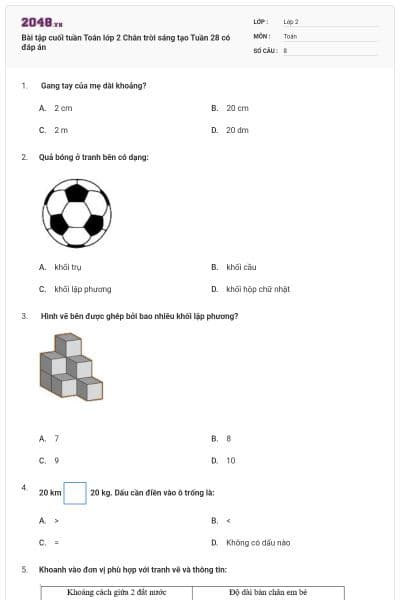 Bài tập cuối tuần Toán lớp 2 Chân trời sáng tạo Tuần 28 có đáp án
