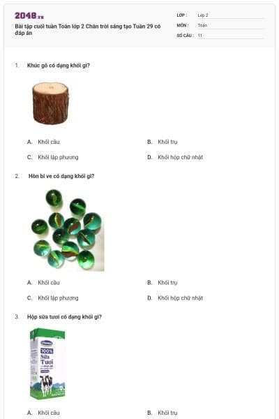 Bài tập cuối tuần Toán lớp 2 Chân trời sáng tạo Tuần 29 có đáp án