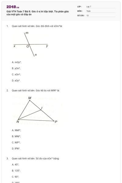 Giải VTH Toán 7 Bài 8. Góc ở vị trí đặc biệt. Tia phân giác của một góc có đáp án