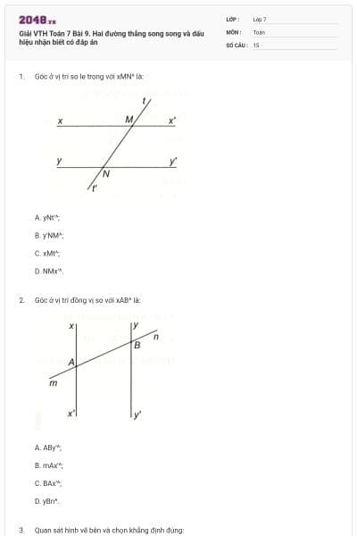 Giải VTH Toán 7 Bài 9. Hai đường thẳng song song và dấu hiệu nhận biết có đáp án