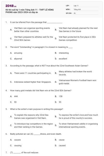 Đề thi cuối kỳ 1 môn Tiếng Anh 11 - THPT LÊ HỒNG PHONG năm 2023-2024 có đáp án