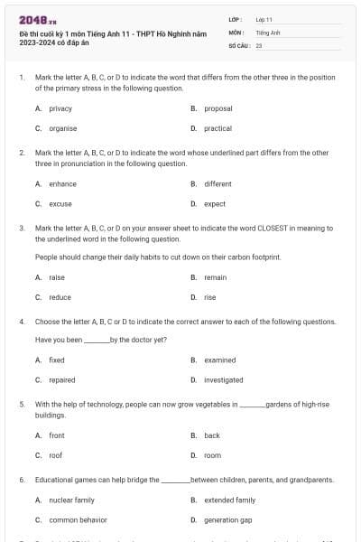 Đề thi cuối kỳ 1 môn Tiếng Anh 11 - THPT Hồ Nghinh năm 2023-2024 có đáp án