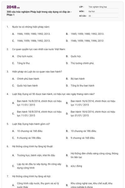 300 câu trắc nghiệm Pháp luật trong xây dựng có đáp án - Phần 1