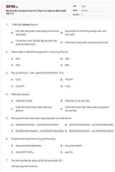 Bộ đề kiểm tra định kì học kì 2 Hóa 9 có đáp án (Mới nhất) (Đề 17)