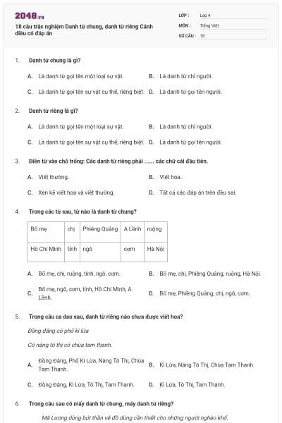 18 câu trắc nghiệm Danh từ chung, danh từ riêng Cánh diều có đáp án