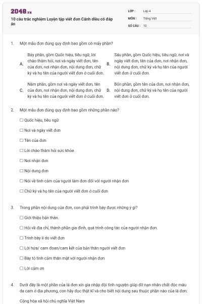 10 câu trắc nghiệm Luyện tập viết đơn Cánh diều có đáp án