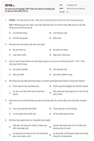 Đề minh họa tốt nghiệp THPT Giáo dục kinh tế và pháp luật có đáp án năm 2025 (Đề 2)