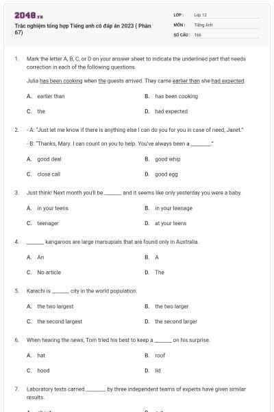 Trắc nghiệm tổng hợp Tiếng anh có đáp án 2023 ( Phần 67)