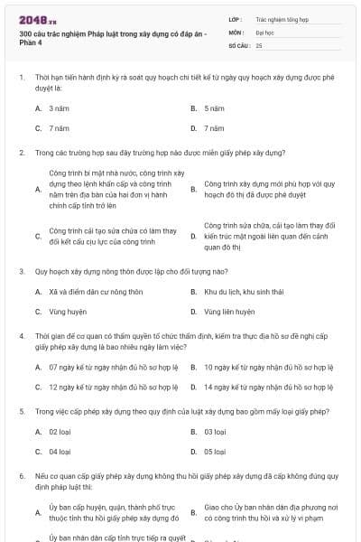 300 câu trắc nghiệm Pháp luật trong xây dựng có đáp án - Phần 4