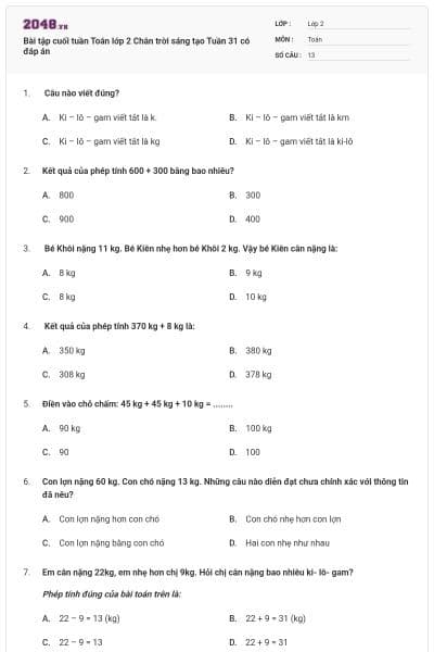 Bài tập cuối tuần Toán lớp 2 Chân trời sáng tạo Tuần 31 có đáp án