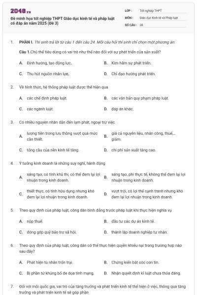 Đề minh họa tốt nghiệp THPT Giáo dục kinh tế và pháp luật có đáp án năm 2025 (Đề 3)