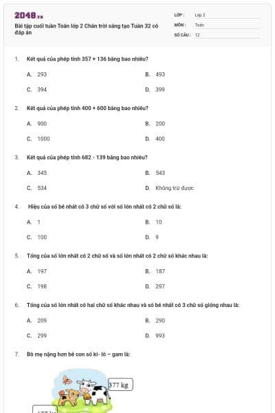 Bài tập cuối tuần Toán lớp 2 Chân trời sáng tạo Tuần 32 có đáp án