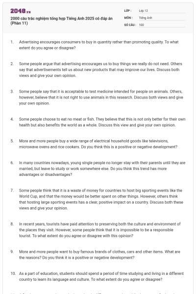 2000 câu trắc nghiệm tổng hợp Tiếng Anh 2025 có đáp án (Phần 11)