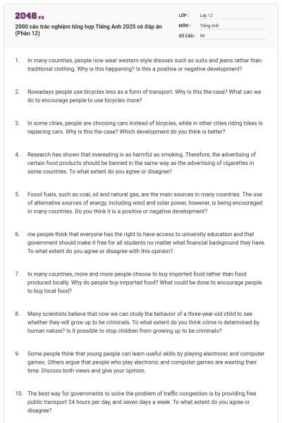 2000 câu trắc nghiệm tổng hợp Tiếng Anh 2025 có đáp án (Phần 12)