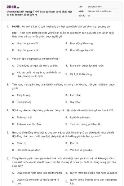 Đề minh họa tốt nghiệp THPT Giáo dục kinh tế và pháp luật có đáp án năm 2025 (Đề 7)