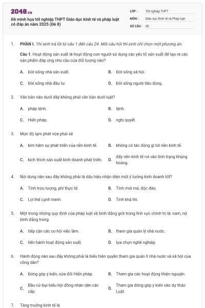 Đề minh họa tốt nghiệp THPT Giáo dục kinh tế và pháp luật có đáp án năm 2025 (Đề 8)