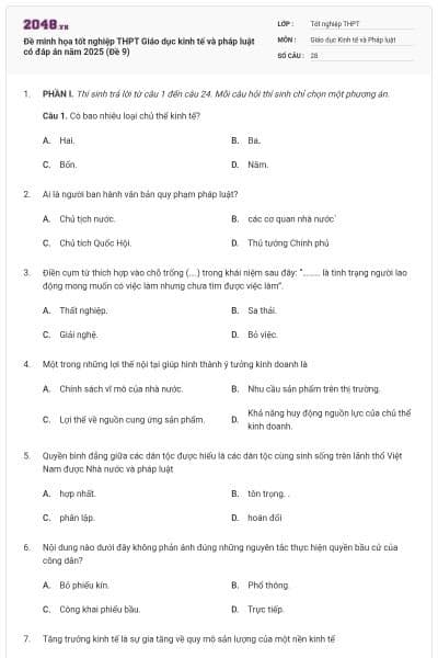 Đề minh họa tốt nghiệp THPT Giáo dục kinh tế và pháp luật có đáp án năm 2025 (Đề 9)