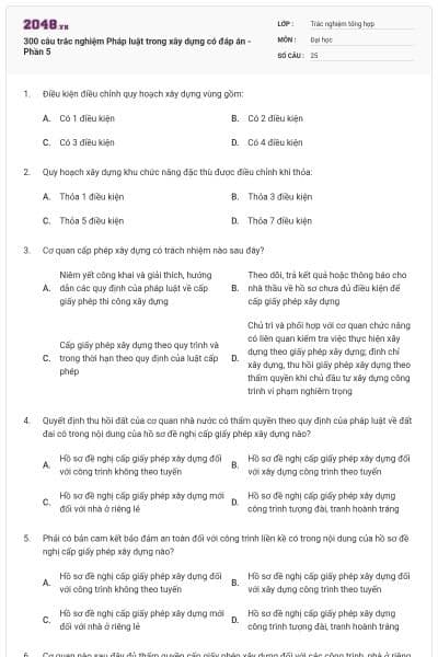 300 câu trắc nghiệm Pháp luật trong xây dựng có đáp án - Phần 5