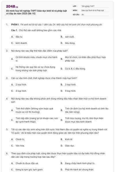 Đề minh họa tốt nghiệp THPT Giáo dục kinh tế và pháp luật có đáp án năm 2025 (Đề 10)