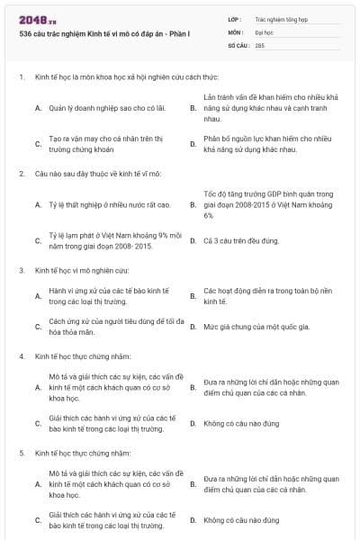 536 câu trắc nghiệm Kinh tế vi mô có đáp án - Phần I