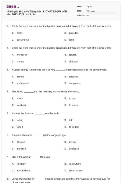 Đề thi giữa kỳ 2 môn Tiếng Anh 11 - THPT LÊ QUÝ ĐÔN năm 2023-2024 có đáp án