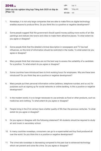2000 câu trắc nghiệm tổng hợp Tiếng Anh 2025 có đáp án (Phần 13)