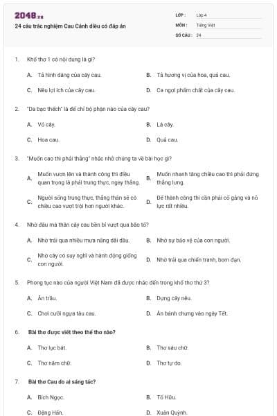 24 câu trắc nghiệm Cau Cánh diều có đáp án