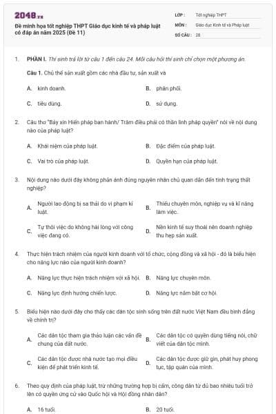 Đề minh họa tốt nghiệp THPT Giáo dục kinh tế và pháp luật có đáp án năm 2025 (Đề 11)