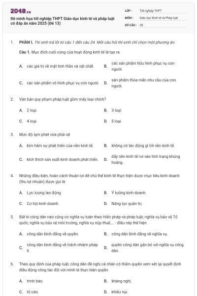 Đề minh họa tốt nghiệp THPT Giáo dục kinh tế và pháp luật có đáp án năm 2025 (Đề 13)