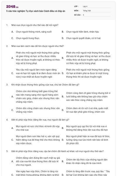 5 câu trắc nghiệm Tự đọc sách báo Cánh diều có đáp án