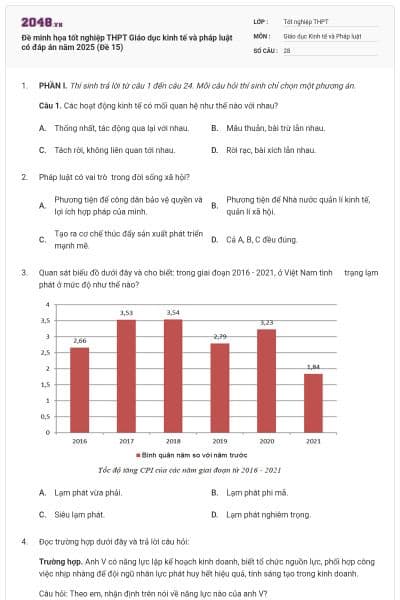 Đề minh họa tốt nghiệp THPT Giáo dục kinh tế và pháp luật có đáp án năm 2025 (Đề 15)