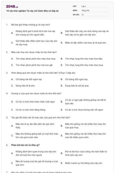 10 câu trắc nghiệm Tả cây cối Cánh diều có đáp án