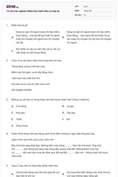 10 câu trắc nghiệm Nhân hóa Cánh diều có đáp án
