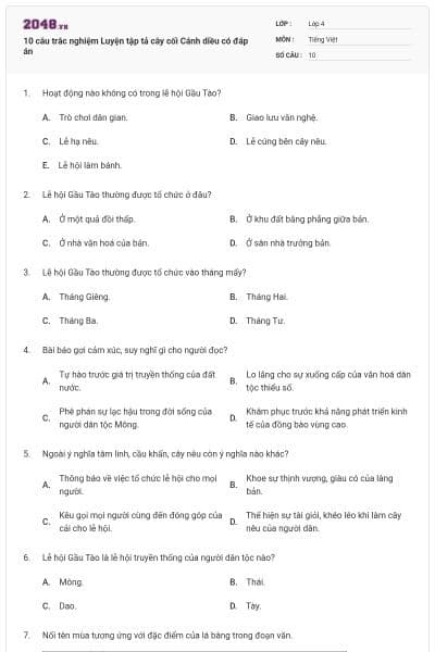 10 câu trắc nghiệm Luyện tập tả cây cối Cánh diều có đáp án