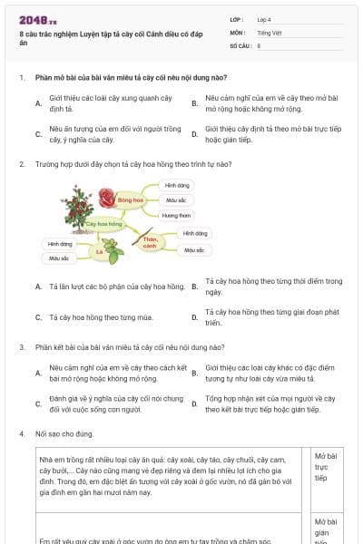 8 câu trắc nghiệm Luyện tập tả cây cối Cánh diều có đáp án