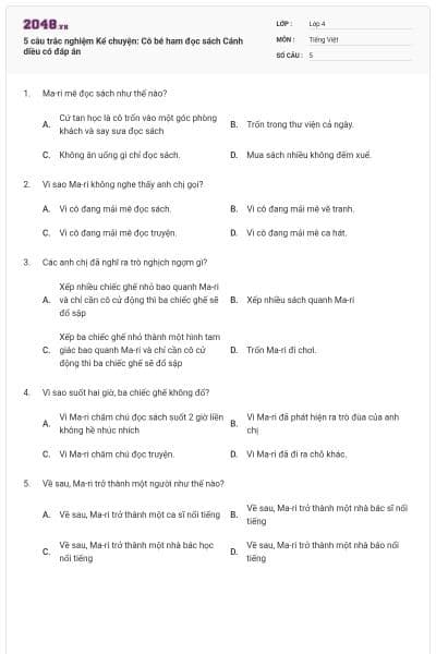 5 câu trắc nghiệm Kể chuyện: Cô bé ham đọc sách Cánh diều có đáp án