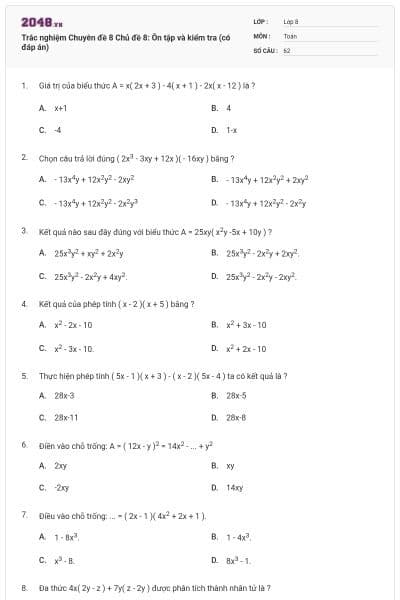 Trắc nghiệm Chuyên đề 8 Chủ đề 8: Ôn tập và kiểm tra (có đáp án)