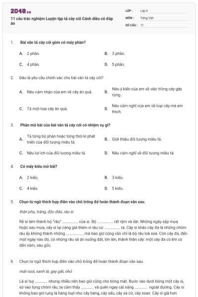 11 câu trắc nghiệm Luyện tập tả cây cối Cánh diều có đáp án