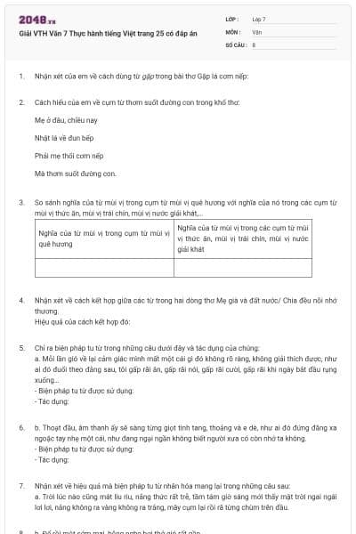 Giải VTH Văn 7 Thực hành tiếng Việt trang 25 có đáp án