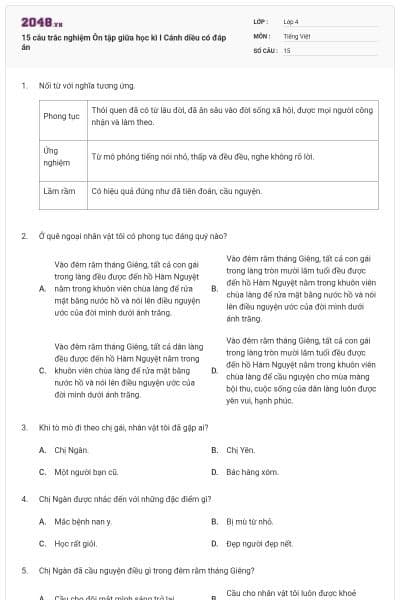 15 câu trắc nghiệm Ôn tập giữa học kì I Cánh diều có đáp án