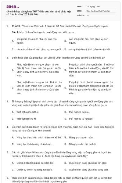 Đề minh họa tốt nghiệp THPT Giáo dục kinh tế và pháp luật có đáp án năm 2025 (Đề 16)