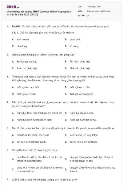 Đề minh họa tốt nghiệp THPT Giáo dục kinh tế và pháp luật có đáp án năm 2025 (Đề 20)
