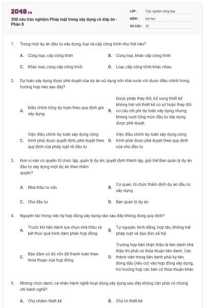 300 câu trắc nghiệm Pháp luật trong xây dựng có đáp án - Phần 8